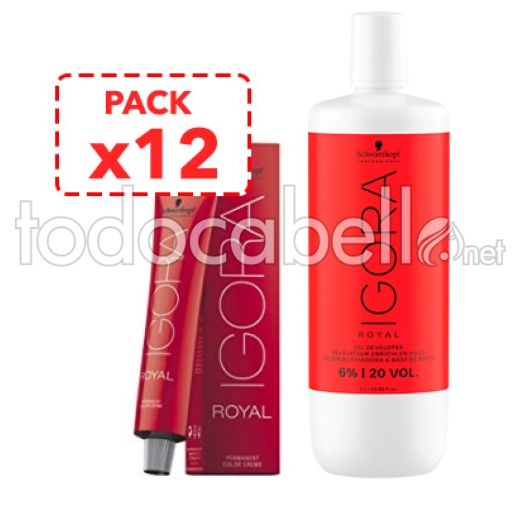 Schwarzkopf PACK 12 TINTES Igora Royal  7-48 Rubio Medio Beige Rojo 60 ml + Oxigenada Igora 20vol 1000ml